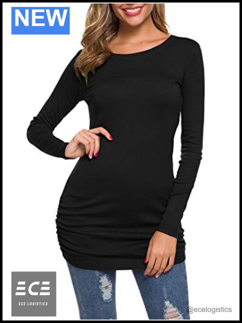Women's Long Sleeve Slim Fit Ruched Tunic Top T-Shirt Dress